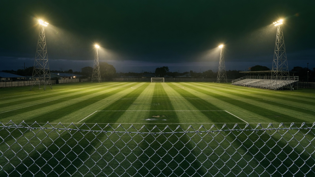 McFetridge Park under floodlights, empty pitch seen through the boundary fence